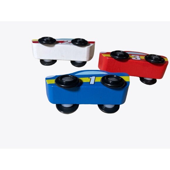 Wooden Race Car Toys Set Of 3 - Red Blue & White – Numbered 1 2 3 - Picture 8 of 11
